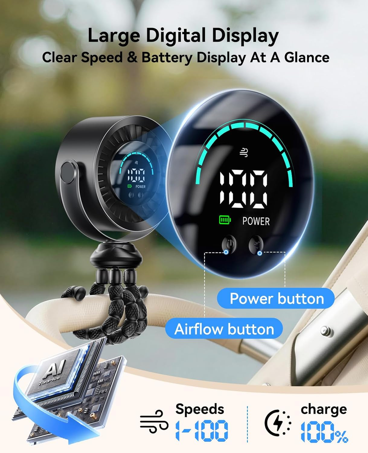 Portable Baby Stroller Fan, 360° Adjustable Quiet Rechargeable USB Fan with LED Display, 100 Speeds Safe Clip Fan for Stroller, Powerful Cooling Fan for Golf Car Seat Treadmill Travel, Black