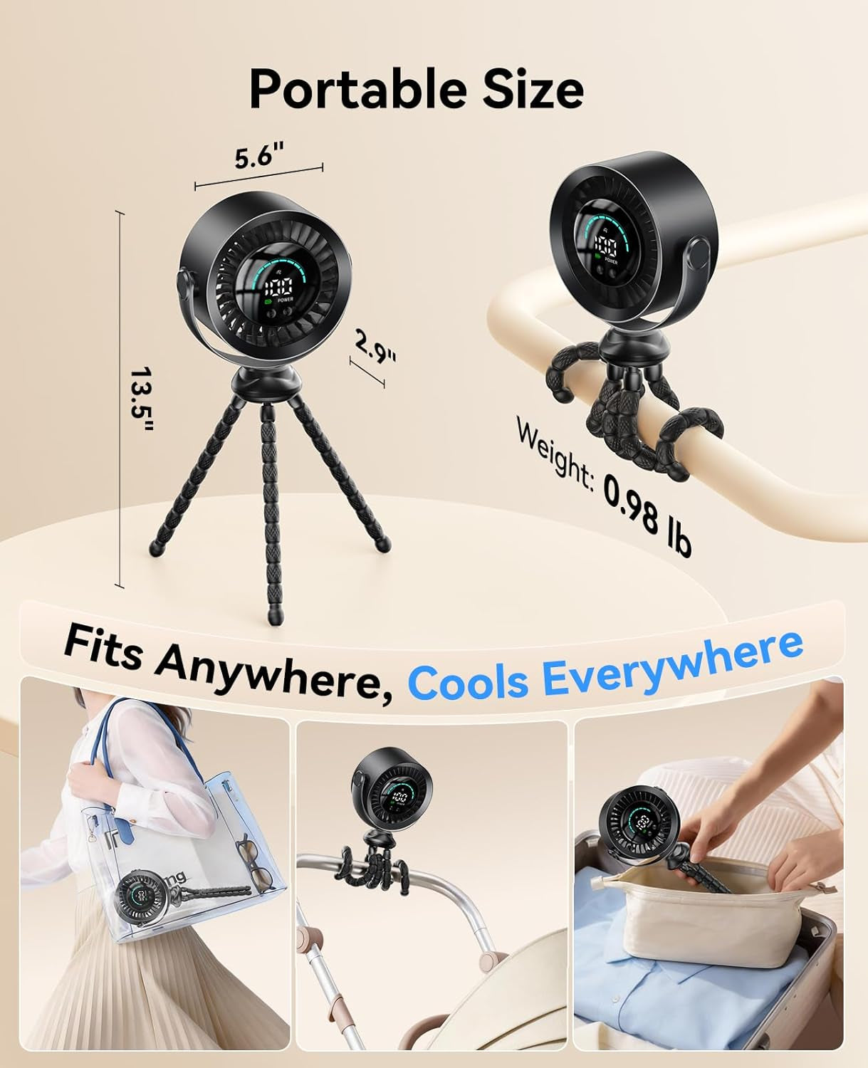 Portable Baby Stroller Fan, 360° Adjustable Quiet Rechargeable USB Fan with LED Display, 100 Speeds Safe Clip Fan for Stroller, Powerful Cooling Fan for Golf Car Seat Treadmill Travel, Black