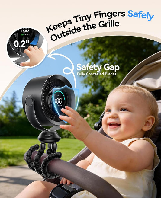 Portable Baby Stroller Fan, 360° Adjustable Quiet Rechargeable USB Fan with LED Display, 100 Speeds Safe Clip Fan for Stroller, Powerful Cooling Fan for Golf Car Seat Treadmill Travel, Black