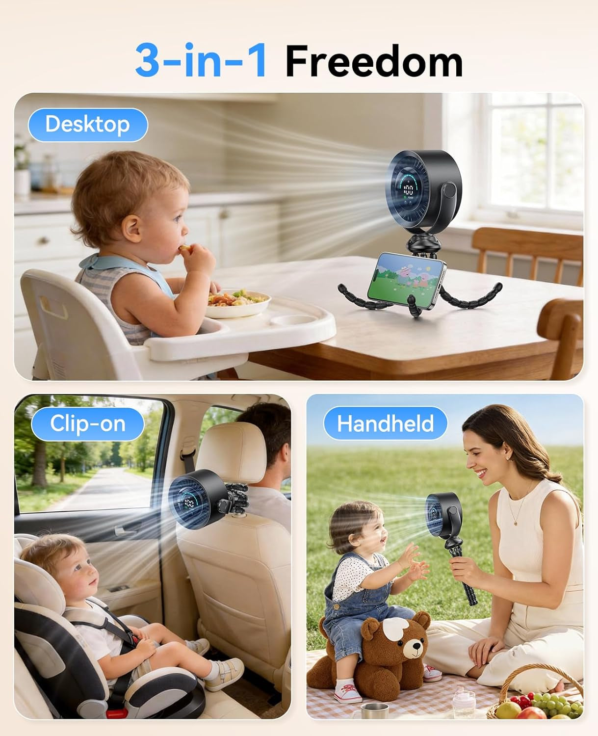 Portable Baby Stroller Fan, 360° Adjustable Quiet Rechargeable USB Fan with LED Display, 100 Speeds Safe Clip Fan for Stroller, Powerful Cooling Fan for Golf Car Seat Treadmill Travel, Black