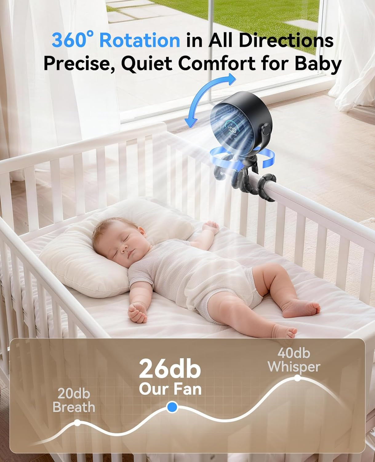Portable Baby Stroller Fan, 360° Adjustable Quiet Rechargeable USB Fan with LED Display, 100 Speeds Safe Clip Fan for Stroller, Powerful Cooling Fan for Golf Car Seat Treadmill Travel, Black